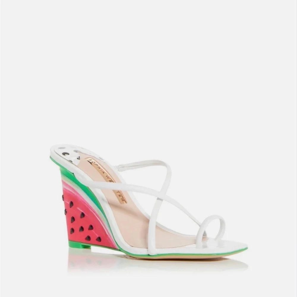 Sophia Webster White Leather Strappy Wedges with Playful Fruit-Print Heel
